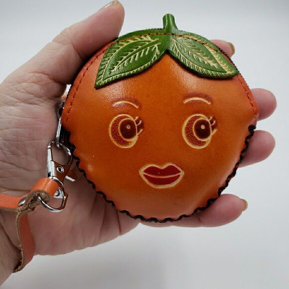 Handmade Accessories - ORANGE FRUIT Pendant Jewelry Pouch Handmade Leather Whimsy Gift Zip Coin Purse
